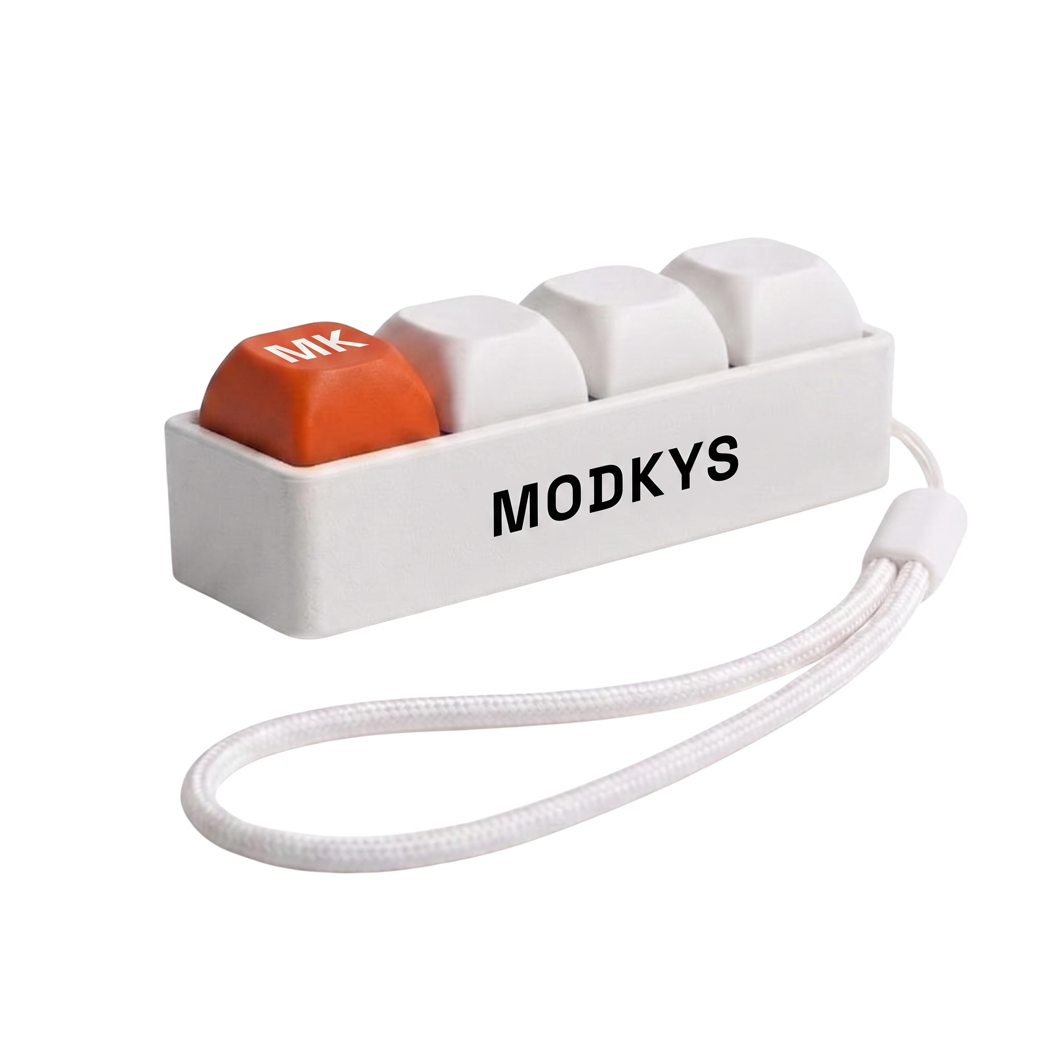 MODKYS four key macropad with the MK accent cap and a braided wrist strap